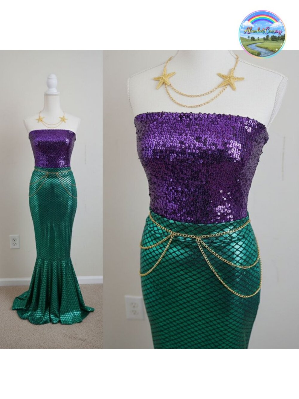 Mermaid Costume 4Pc Sequin Tube Top Skirt Pearl Waist Head Chain Cosplay